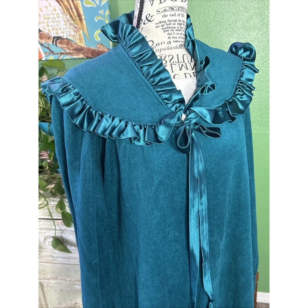 Vtg Teal JC Penny Housecoat-S Ruffle Collar Granny 80s Victorian Cottage